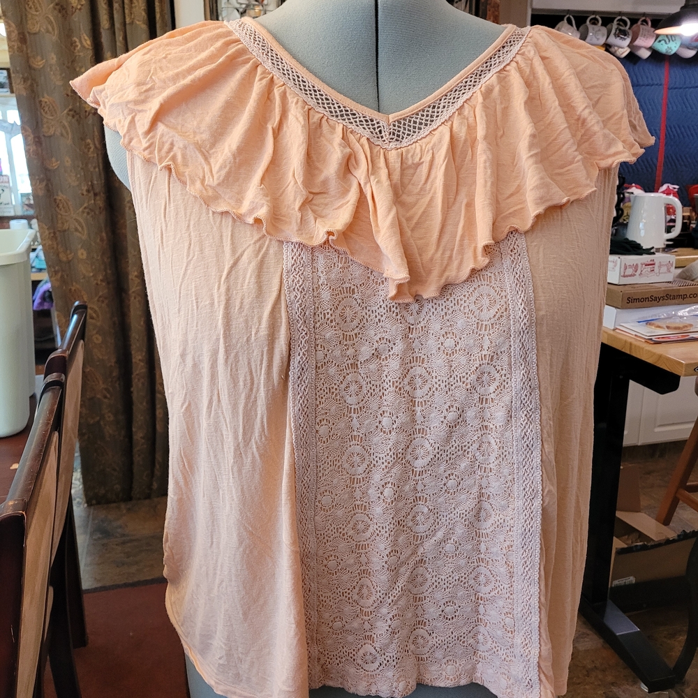 Maurices Peach Ruffle Crochet-Front Blouse